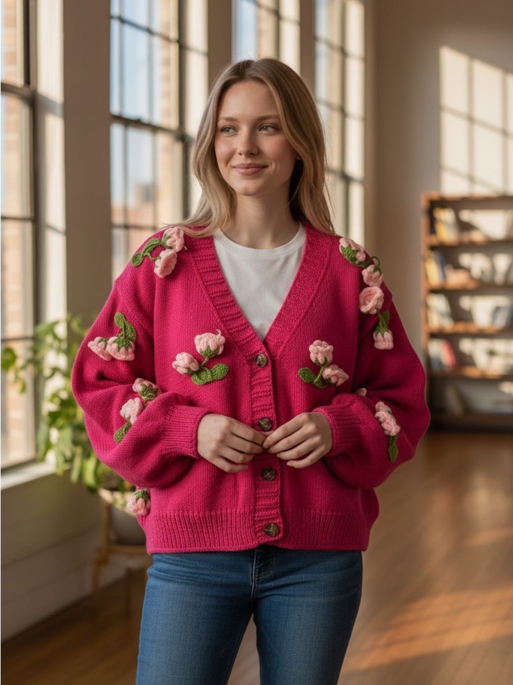 Hot Pink Floral Embroidered V-Neck Cardigan Sweater